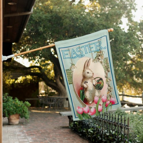 Vintage Bunny Tulip Floral And Easter Egg  House Flag