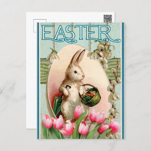 Vintage Bunny Tulip Floral And Easter Egg Postcard