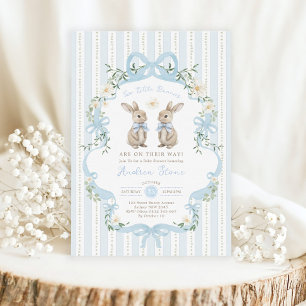 Vintage Bunny Twin Boy Baby Shower Invitation