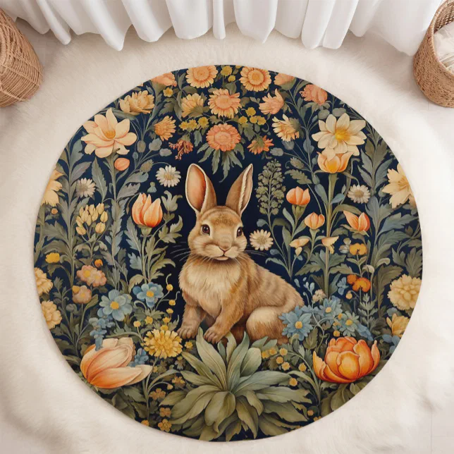 Vintage Bunny with Flowers William Morris Inspired Rug | Zazzle