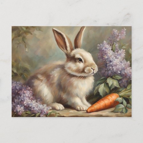 Vintage Bunny with Lilac Flowers and Carrot  Holiday Postcard