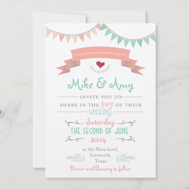 Vintage Bunting Whimsical Wedding Invitation (Front)