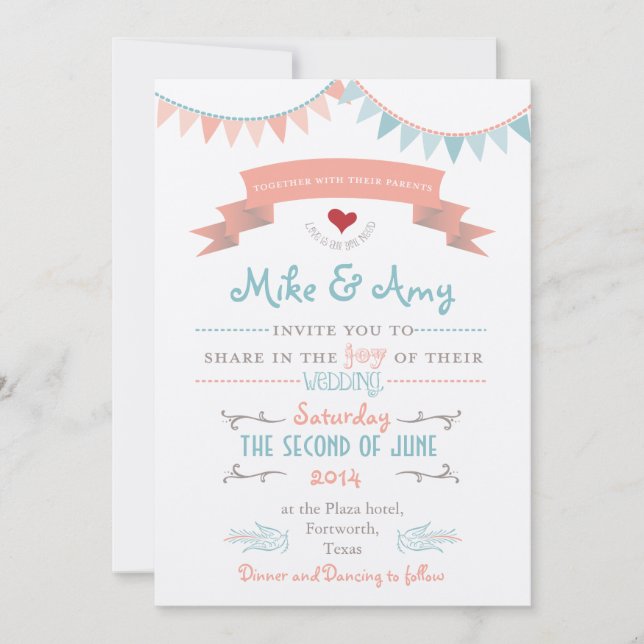 Vintage Bunting Whimsical Wedding Invitation (Front)