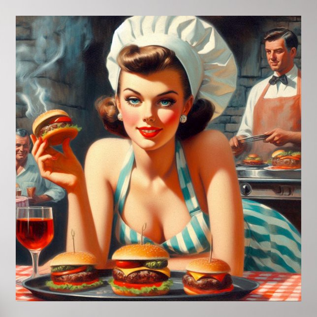 Vintage Burger BBQ Woman Poster (Front)