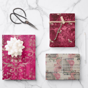 Vintage Burgindy Bee Flowers Mix and Match Wrapping Paper Sheets