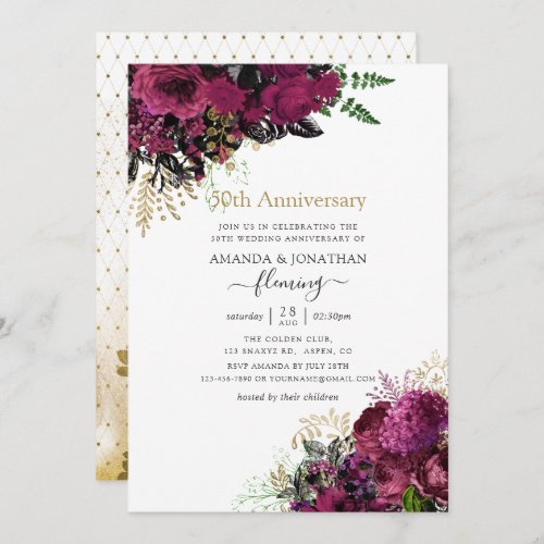 Vintage Burgundy and Gold 50th Wedding Anniversary Invitation