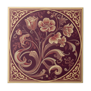 Vintage burgundy and gold Art Nouveau Floral  Ceramic Tile