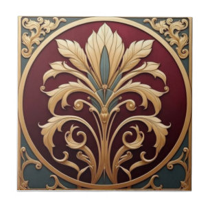 Vintage burgundy and gold Art Nouveau Floral Ceramic Tile