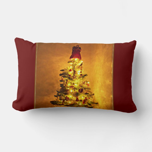 Vintage Burgundy and Gold Christmas Tree Pillow (Front)