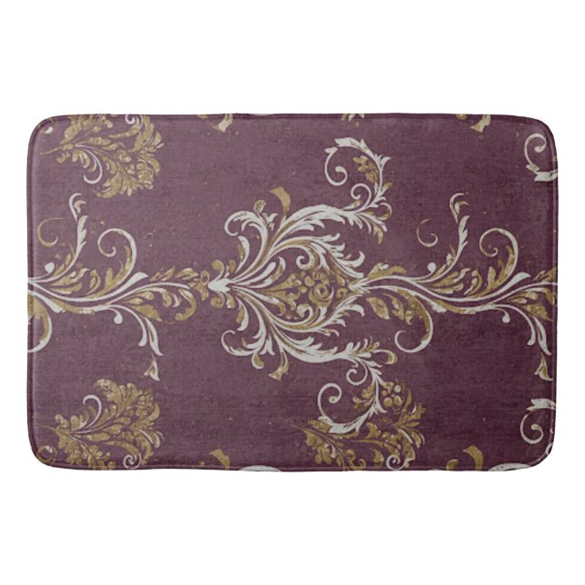 Vintage Burgundy and Gold Damask Bath Mat (Front)