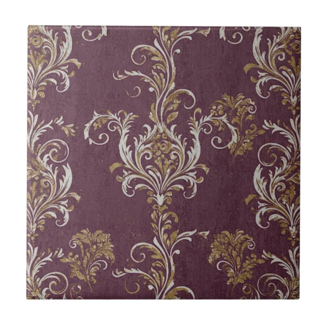 Vintage Burgundy and Gold Damask Ceramic Tile (Front)