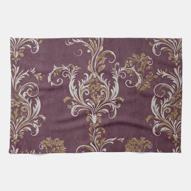Vintage Burgundy and Gold Damask Kitchen Towel (Horizontal)
