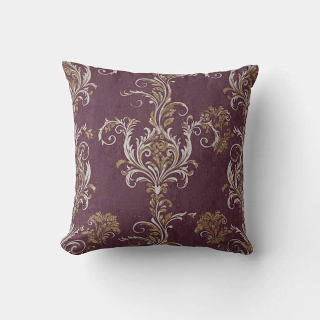 Vintage Burgundy and Gold Damask Throw Pillow (Front)