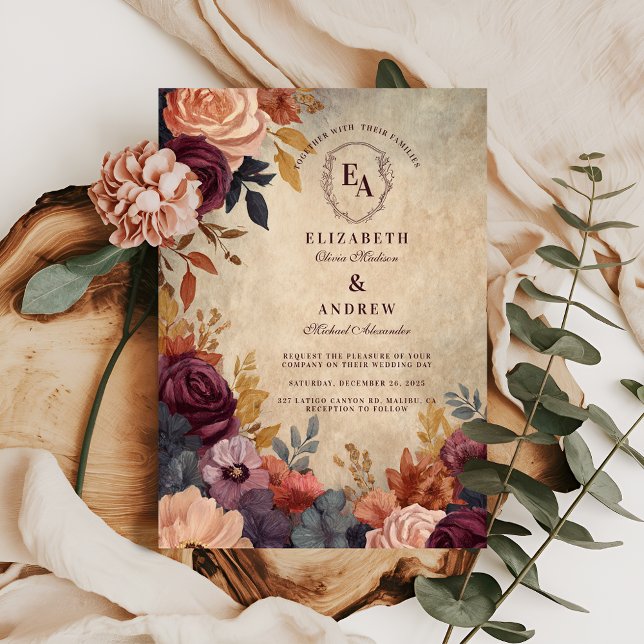 Vintage Burgundy and Gold Floral Wedding Invitation (Creator Uploaded)