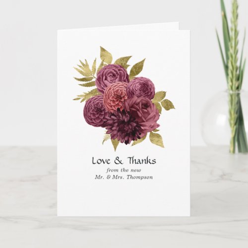 Vintage Burgundy and Gold Floral Wedding Photo Thank You Card