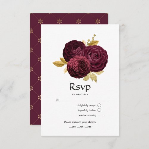 Vintage Burgundy and Gold Floral Wedding RSVP Card