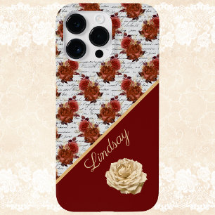 Vintage Burgundy and White Rose Pattern with Name Case-Mate iPhone 14 Pro Max Case