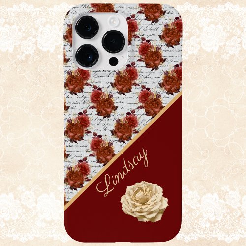 Vintage Burgundy and White Rose Pattern with Name Case_Mate iPhone 14 Pro Max Case