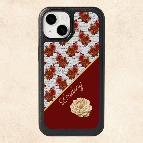 Vintage Burgundy and White Rose Pattern with Name OtterBox iPhone 14 Case