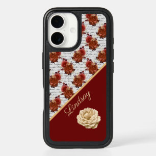 Vintage Burgundy and White Rose Pattern with Name iPhone 16 Case