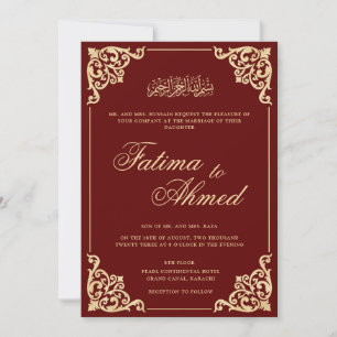 Vintage Burgundy Baroque Gold Frame Muslim Wedding Invitation