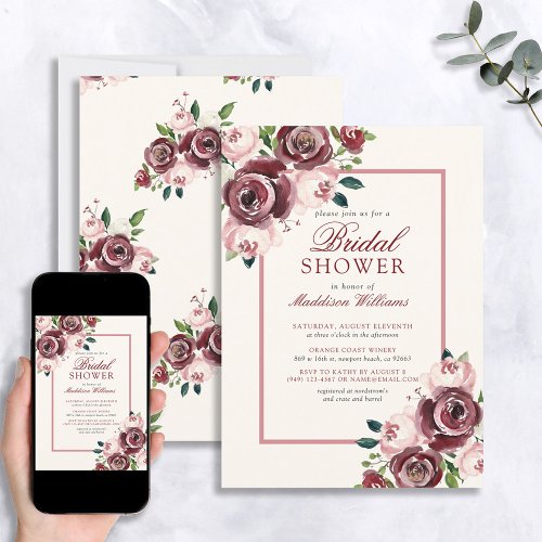 Vintage Burgundy Blush Pink Floral Bridal Shower Invitation
