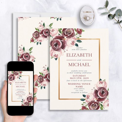 Vintage Burgundy Blush Pink Gold Floral Wedding Invitation