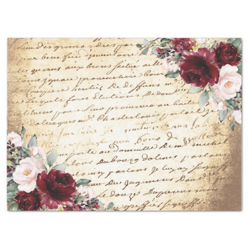 Vintage Burgundy Blush Rose Old Letter Decoupage   Tissue Paper