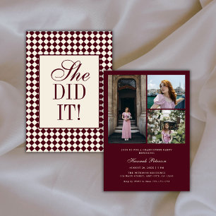 Vintage Burgundy Checkered Graduation 3 Photo Invitation