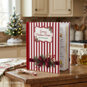 Vintage Burgundy Christmas Striped Family Recipes Mini Binder
