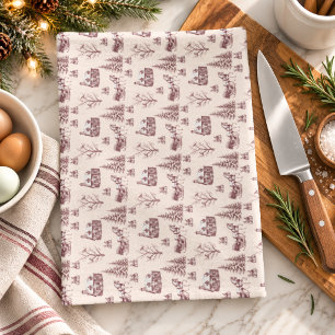 Vintage Burgundy Christmas Toile Horse Sleigh Kitchen Towel