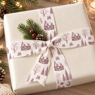 Vintage Burgundy Christmas Toile Horse Sleigh Satin Ribbon