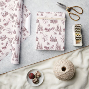 Vintage Burgundy Christmas Toile Horse Sleigh Wrapping Paper