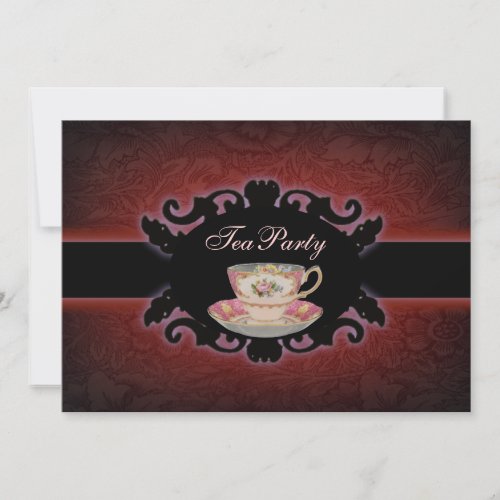 vintage burgundy  damask  floral teacup invitation