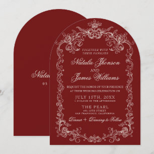 Vintage Burgundy Deep Red Old Money Arched Wedding Invitation