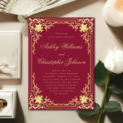 Vintage Burgundy Faux Gold Elegant Ornate Wedding Invitation