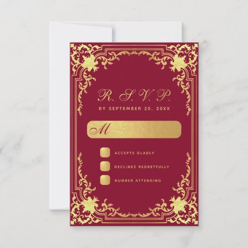 Vintage Burgundy Faux Gold Script Elegant Wedding RSVP Card