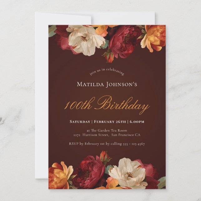 Vintage Burgundy Floral 100th Birthday Invitation (Front)