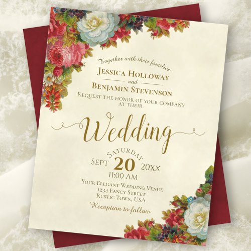 Vintage Burgundy Floral BUDGET Wedding Invitation