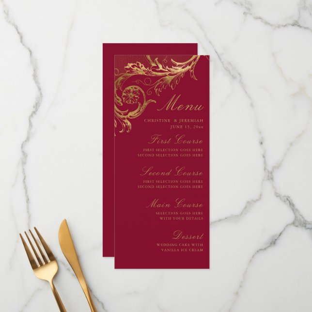 Vintage Burgundy Floral Damask Wedding Menu (Front/Back In Situ)