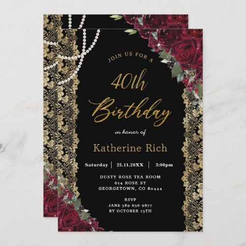 Vintage Burgundy Floral Gold Lace Pearls Birthday  Invitation