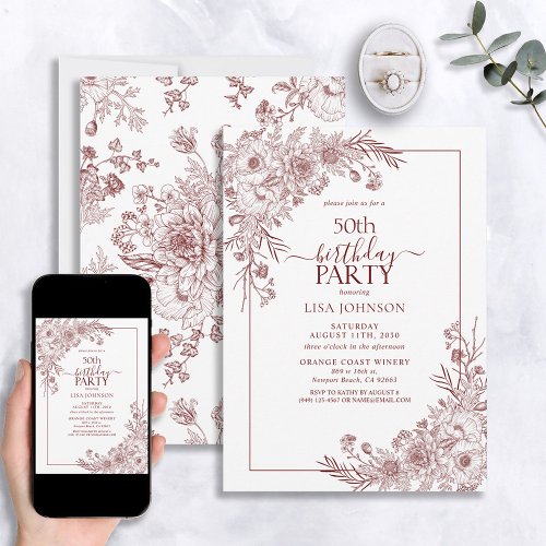 Vintage Burgundy Floral Line Art 50th Birthday Invitation