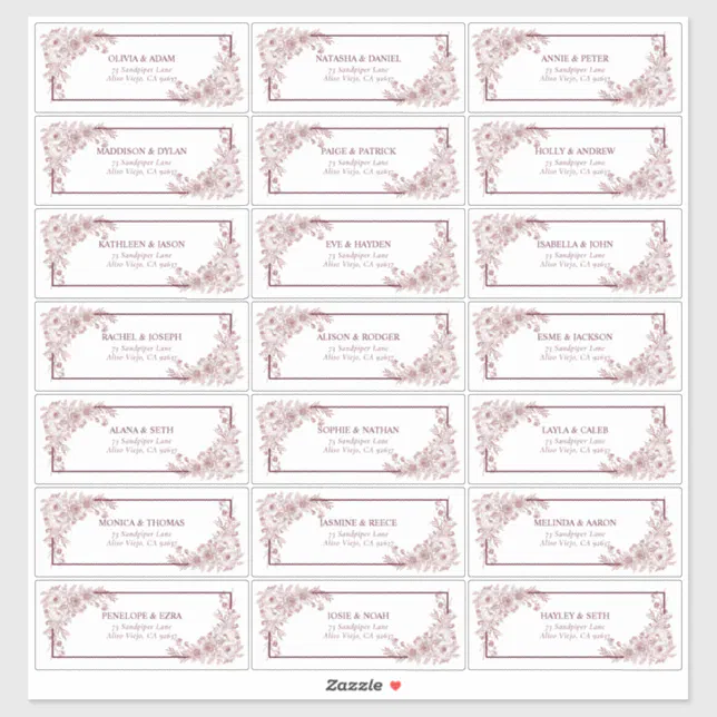 Vintage Burgundy Floral Line Art Guest Address Sticker | Zazzle