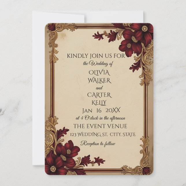 Vintage Burgundy Floral Wedding Invitation (Front)