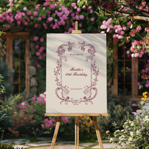 Vintage Burgundy Floral Welcome Birthday Sign