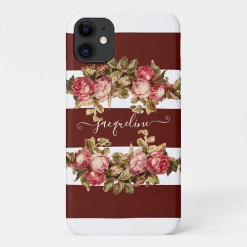 Vintage Burgundy Floral White Stripes w Pink Roses iPhone 11 Case