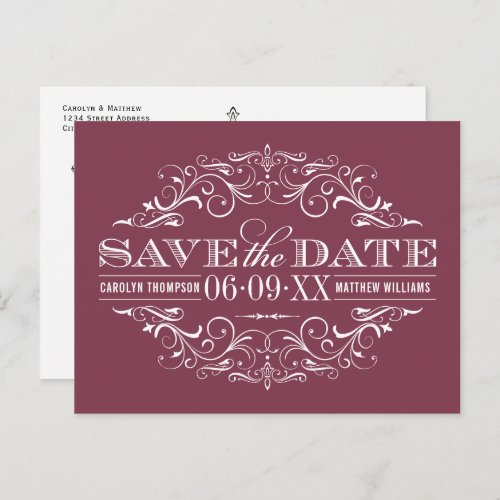 Vintage Burgundy Flourish Wedding Save the Date Announcement Postcard