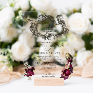 Vintage Burgundy Gold Alice in Wonderland Wedding Acrylic Invitations
