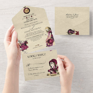Vintage Burgundy Gold Alice in Wonderland Wedding All In One Invitation
