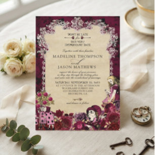 Vintage Burgundy Gold Alice in Wonderland Wedding Invitation